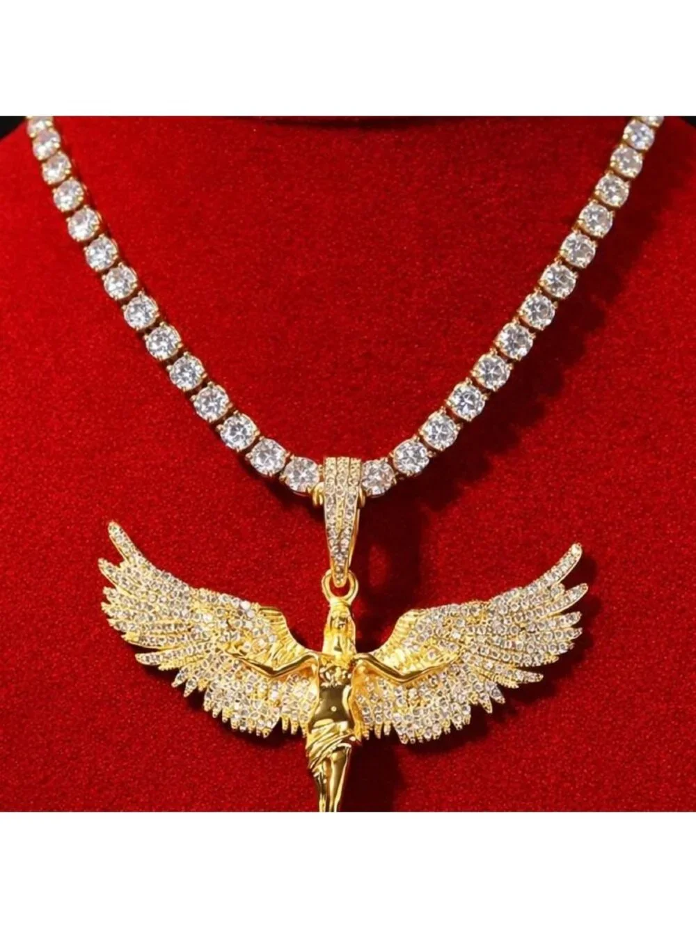 Gold Angel Pendant with Tennis Necklace | 18” or 20” | Iced Out Statement Chain